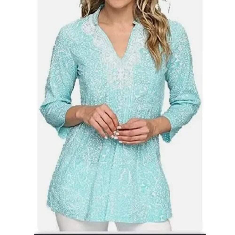 Lilly Pulitzer Sarasota Beaded Turquoise and White Patterned Tunic Top - Sz S